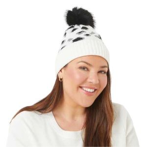Virginia Wolf Leopard Beanie with Faux Fur Snap Pom Toque Hat White Black Hat